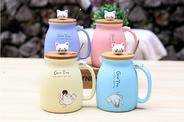 Large Cat Ceramic Mug in Assorted colours - with Lid and Spoon