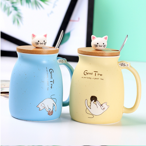 Large Cat Ceramic Mug in Assorted colours - with Lid and Spoon