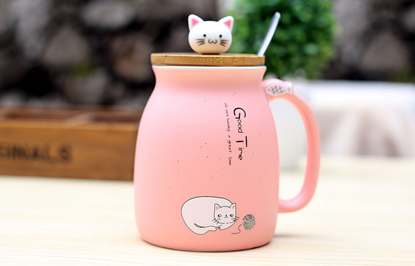 Large Cat Ceramic Mug in Assorted colours - with Lid and Spoon