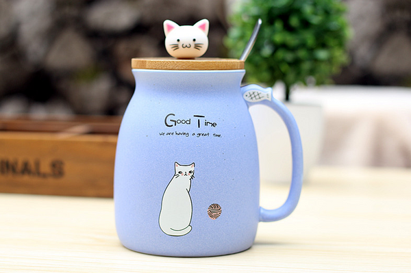 Large Cat Ceramic Mug in Assorted colours - with Lid and Spoon