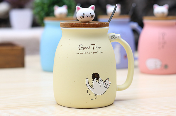 Large Cat Ceramic Mug in Assorted colours - with Lid and Spoon